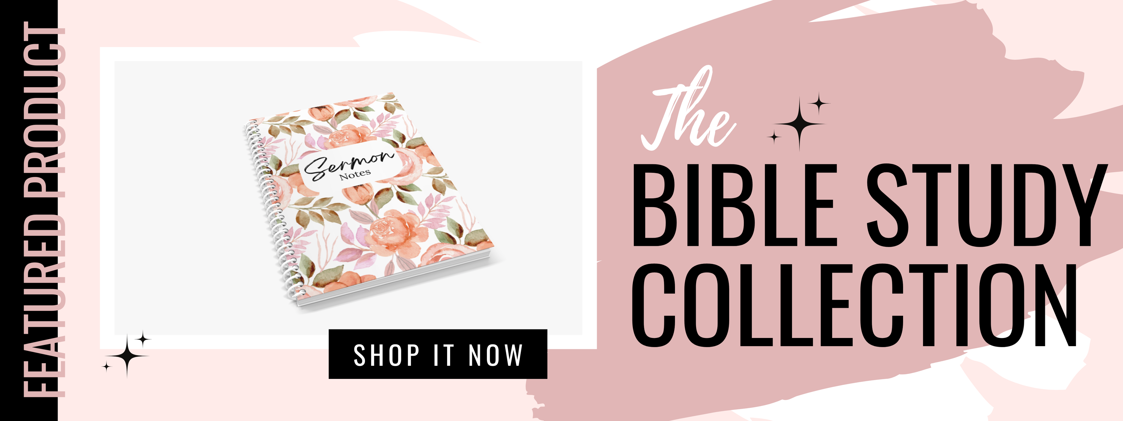 Bible study collection with a floral notebook on a pink background