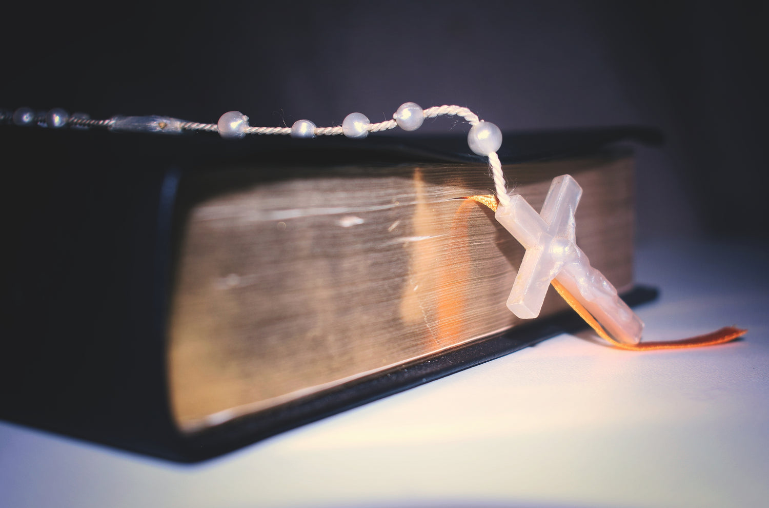 bible as main picture with cross charm on white and black background